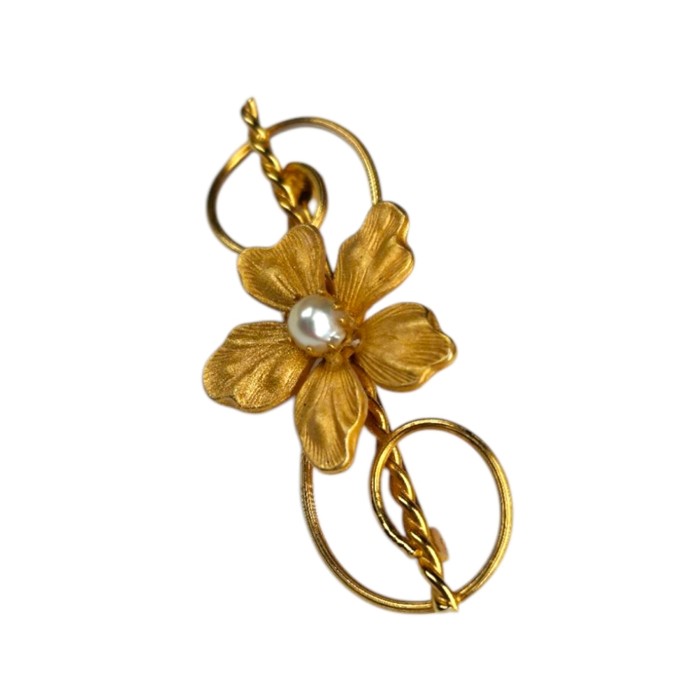Gold Tone Brooch Pin Floral Scroll Design Faux Pearl Center FGF Signed